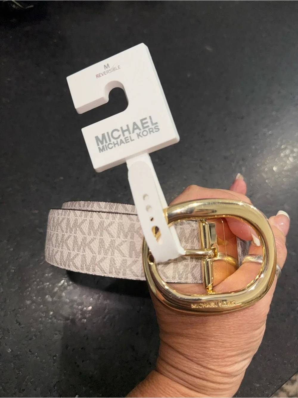 NEW Michael Kors REVERSIBLE Beige Logo & Cognac Brown Belt Gold Oval Buckle SZ M